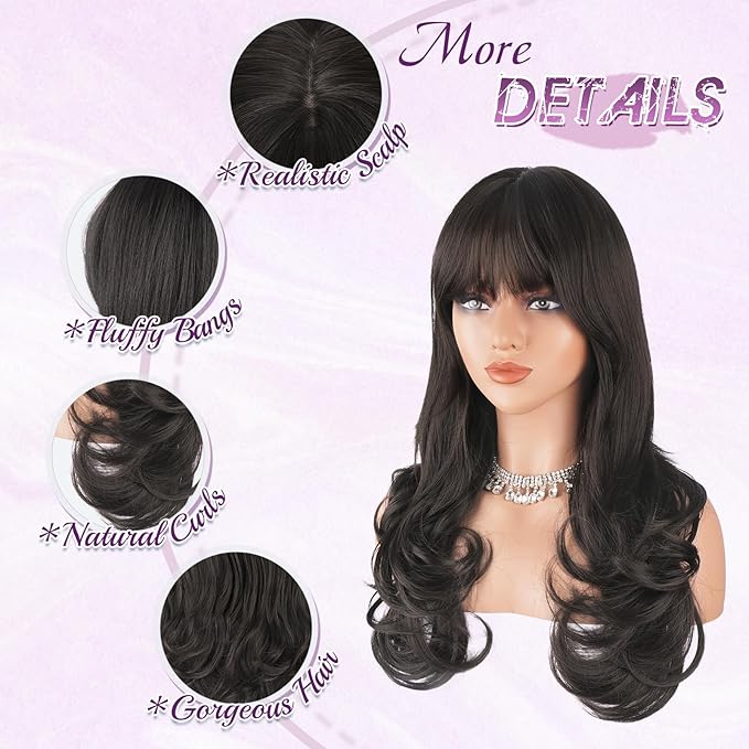 Haloo Brown Wigs with Bangs Long Wavy Layered Haircut Natural Looking Fluffy Synthetic Heat Resistant Hair Wig for Women Daily Party, 24 Inch Dark Brown