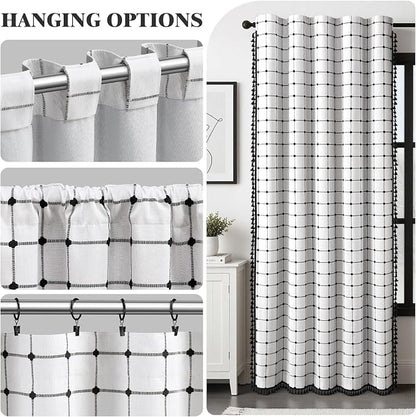 Boho Blackout Black Plaid Curtains 84 Inch Linen Blend 2 Panels | Vintage - Image 7