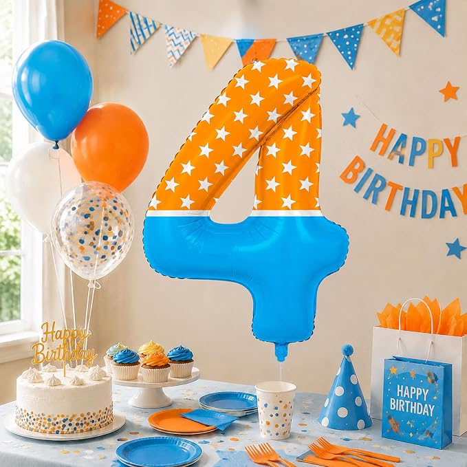 40 Inch Orange Blue Number 4 Balloon, Bow Tie Glasses Design - Image 4