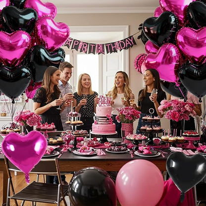 TONIFUL 30Pcs Black Hot Pink Heart Balloons 18Inch Heart Shape Foil Balloon | - Image 5