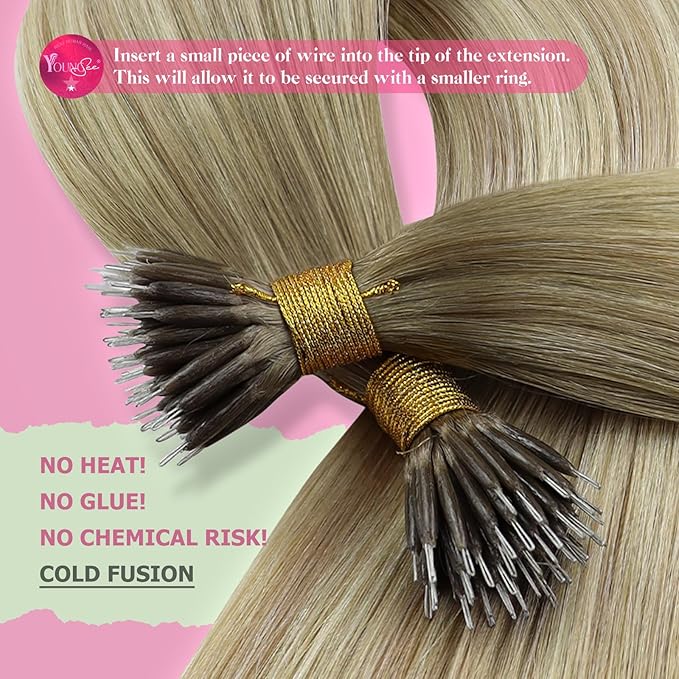 YoungSee Nano Extensions Human Hair Ombre Blonde Nano Tip Extensions Balayage Ash Blonde Ombre Platinum Blond Nano-bead Extension Human Hair Balayage Nanoring Hair Extension 18Inch 50G 50S for Daily