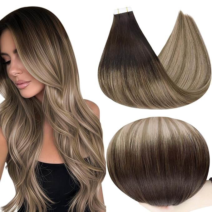Full Shine Balayage Tape in Hair Extensions Human Hair 12Inch Darkest Brown 2 Ombre 6 Light Brown Highlight 18 Ash Blonde Hair Extensions Tape in 20Pcs 30G Seamless Skin Weft