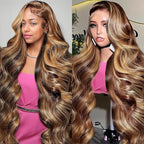 AMIRTY Highlight Ombre Lace Front Wig Human Hair 20 Inch Honey Blonde Body Wave 13x4 HD Lace Front Wigs Human Hair Pre Plucked 250 Density Brown 4/27 Colored Lace Frontal Glueless Wigs for Women