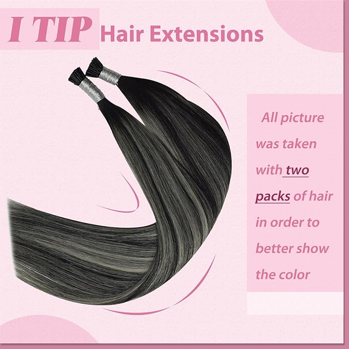 YoungSee I Tip Hair Extensions Balayage Black Itips Hair Extensions Human Hair Ombre Black with Silver Itip Hair Extension Real Human Hair 18 Inch Itip Extension 60s 50g for Photo Shoots