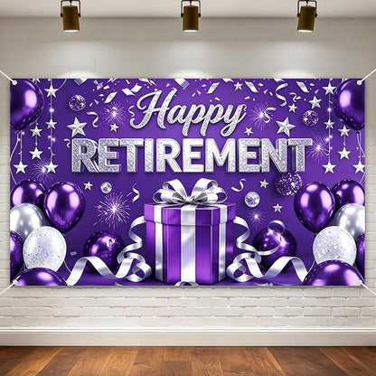 Purple Retirement Party Decorations 72x43" Happy Retirement Backdrop Banner | by Dormirpilow