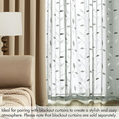 MIULEE Sage Sheer Curtains 2 Panels Embroidered Leaf Patterned, W52 x L84 | - Image 7