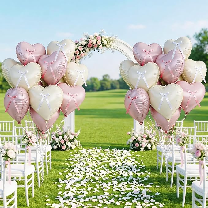 Pink White Heart Balloons with Ribbon Bow, 18In Pastel Nude Light Rosa Helium - Image 5