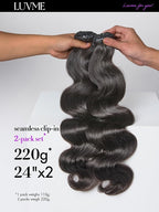 LUVME Body Wave Seamless 2 Pack 220g 14Pcs Clip in Hair Extensions Full Max with 24inch Remy Human Hair Extensions, Natural Black 100% Real Soft Hair