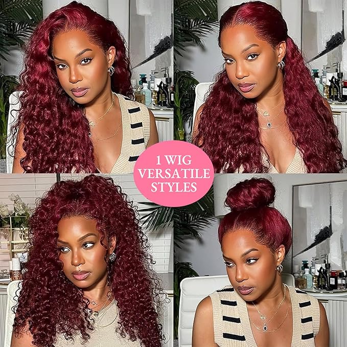 250 Density Hidden Strap Water Wave 360 99j Burgundy Glueless Wigs Human Hair Pre Plucked Pre Bleached Human Hair Wig With Drawstring Wet and Wavy HD Full Lace Front Wigs Human Hair 26 Inch