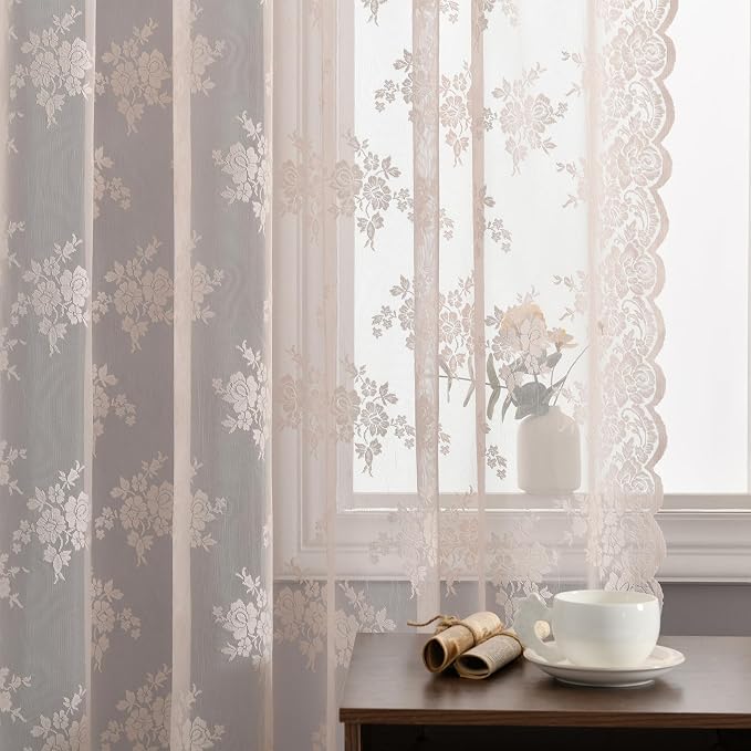 Kotile Short Blush Pink Lace Curtains Rustic Floral W42 x L54 Inch 2 Panels | by Kotile+Curtains