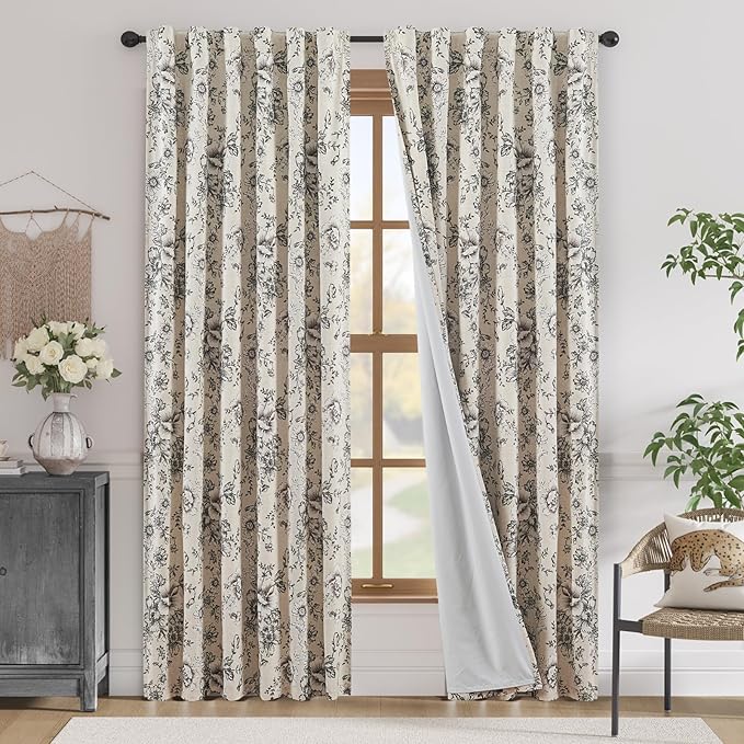 jinchan Black Floral Linen Blackout Curtains 90 Inch Back Tab 2 Panels | by JINCHAN