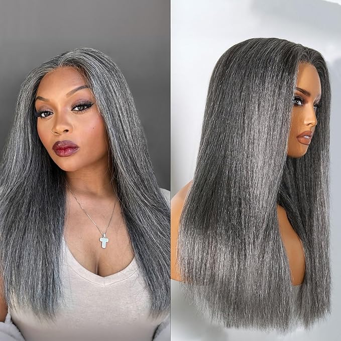 LUVME HAIR 14 Inch Grey Salt & Pepper Silky Straight Wig Human Hair Glueless HD Lace Bob Wig with Mix Grey Color, pre plucked pre cut Lace Ready to Go Wigs For Women
