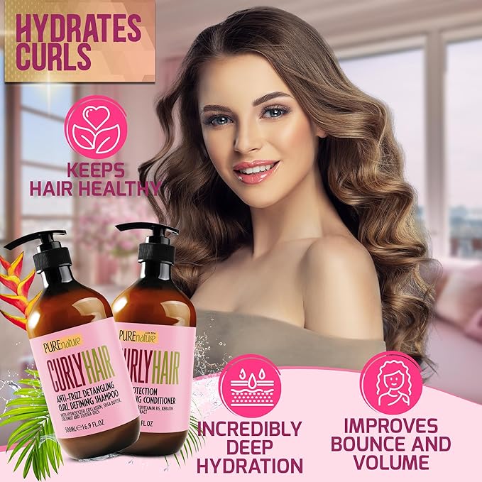 Curly Hair Shampoo and Conditioner Set - Sulfate Free and Color Safe - For Wavy, Frizzy, Fine, Black and Permed Styles - Moisturizing for Men and Women - Deep Curl Hydrating Products with Argan Oil