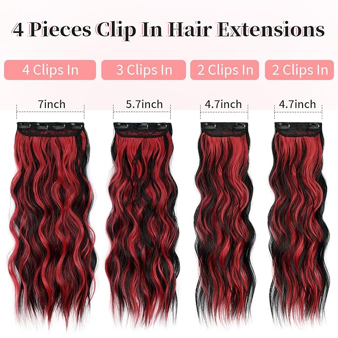 KooKaStyle Hair Extensions Black Mix Red Highlights 1B/113# Clip in Synthetic Highlight Long Wavy 4PCS Thick Hairpieces for Daily Use 24 Inch for Women