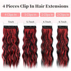 KooKaStyle Hair Extensions Black Mix Red Highlights 1B/113# Clip in Synthetic Highlight Hair Extensions Long Wavy 4PCS Thick Hairpieces 20 Inch for Women