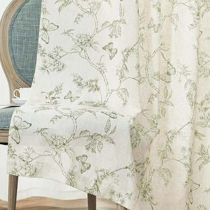 Green Floral Linen Curtains Farmhouse Rod Pocket 50W X 96L 2 Panels | Charlotte - Image 9