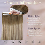 Full Shine Tape in Human Hair Extensions Color 3 Dark Brown Ombre 8 Ash Brown And 22 Blonde Long Tape Weft Tape in Hair Extensions 20Inch Seamless Double Weft Extensions 50G One Piece