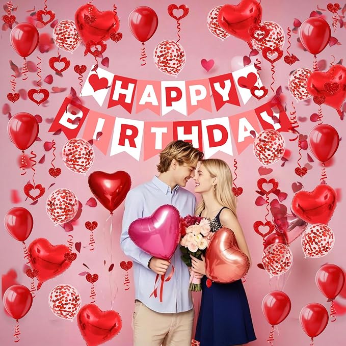 FECEDY Red Happy Birthday Banner Heart-Shaped Aluminum Foil Balloon Round Latex - Image 5