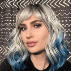 BERON 14 Inches Blue Wig with Bangs Short Bob Curly Wigs Silver Blue Wigs for Women Girls