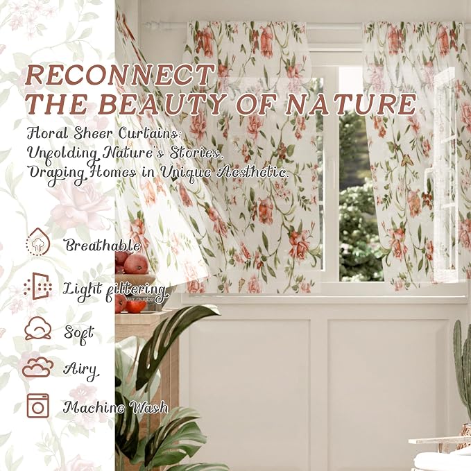 Sheer Curtains 45 Inch Length 2 Panels Set, Floral Patterned Linen Look - Image 2