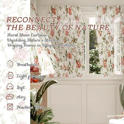 Sheer Curtains 45 Inch Length 2 Panels Set, Floral Patterned Linen Look - Image 2