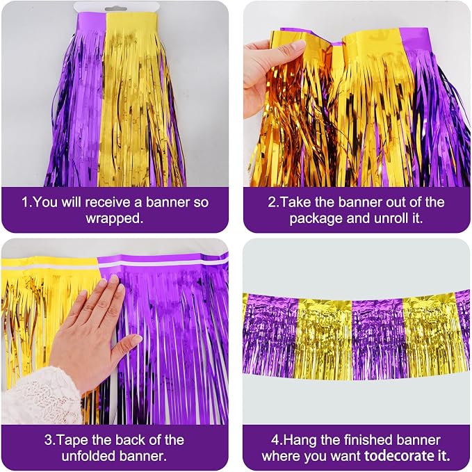 BEISHIDA Purple Gold Fringe Garland Banner 30ft Wall Tinsel Foil Streamers | - Image 3