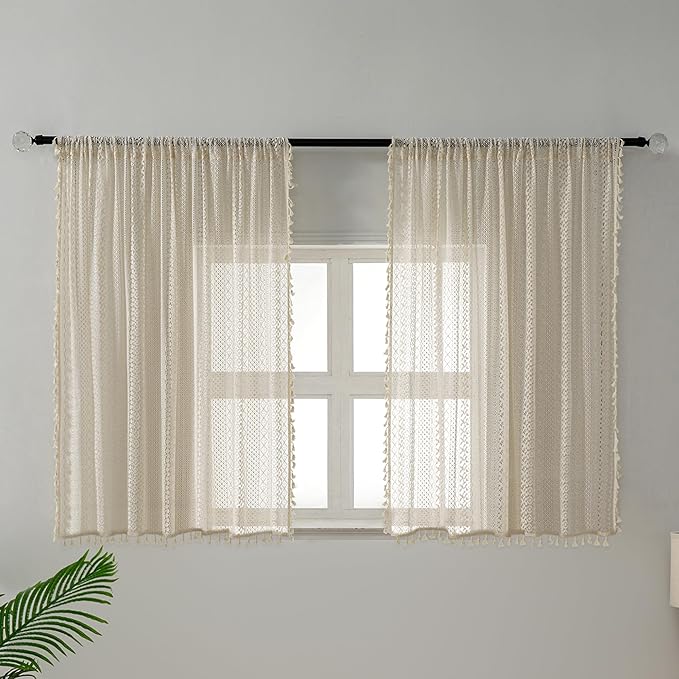 WAZZIO Boho Lace Curtains 45 Inches 2 Panel, Light Filtering Privacy Tassel & - Image 2