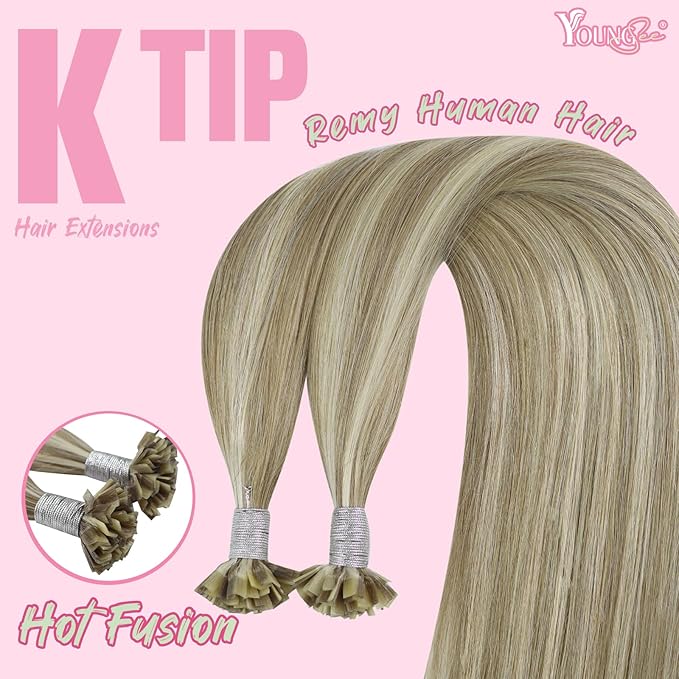 YoungSee U Tip Hair Extensions Real Human Hair Brown K Tip Hair Extensions Light Brown Highlight Blonde Hair Extensions K Tip 24in Ktip Hair Extensions Remy Human Hair for Wedding Hot Fusion 50s/50g