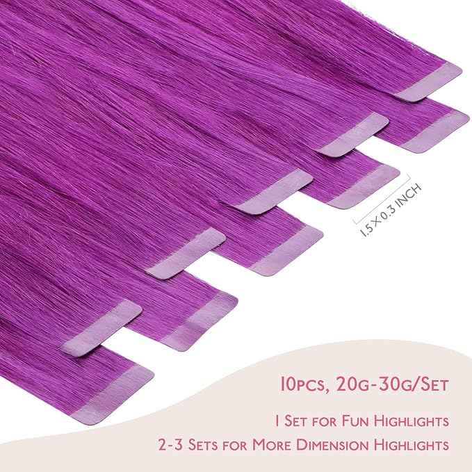 WENNALIFE Tape in Hair Extensions Human Hair Purple Tape in Extensions, 10pcs 30g 22 inch Remy Invisible Tape Ins Straight Colored Soft Real Human Hair Tape in Extensions Refill Set Extensions