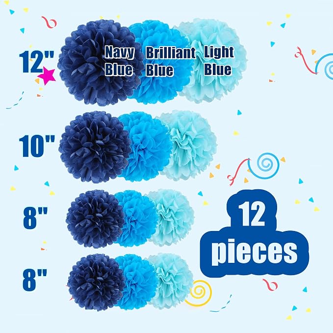 12pcs Blue Paper Pom Poms Set for Party Decor - Image 2