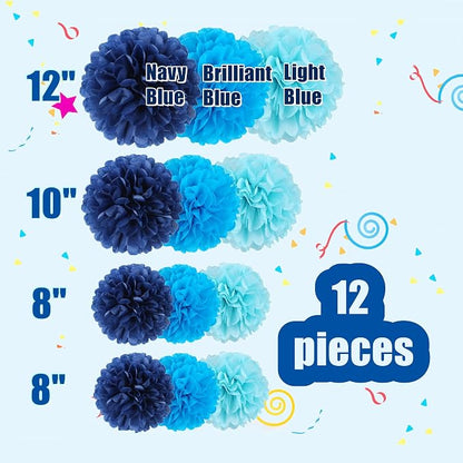12pcs Blue Paper Pom Poms Set for Party Decor - Image 2
