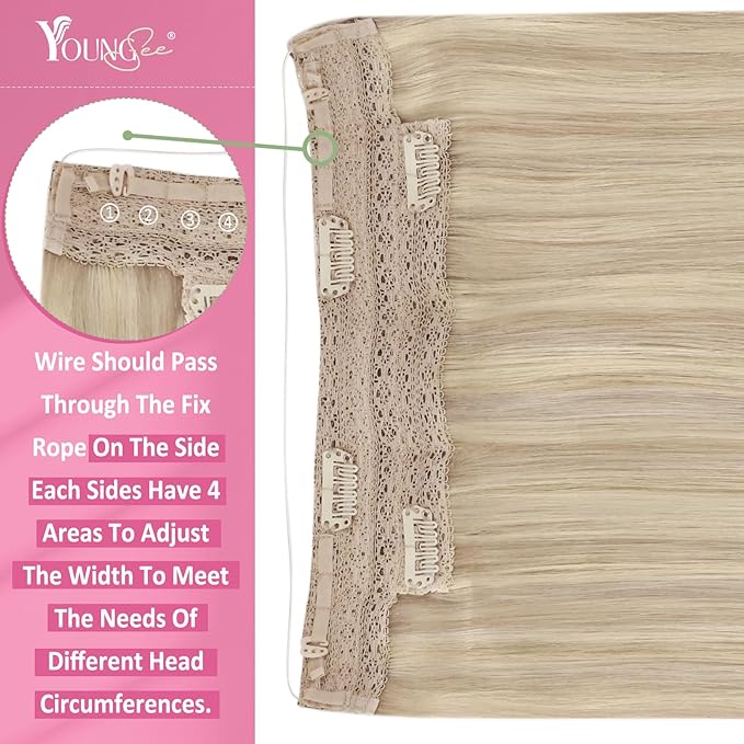 YoungSee 120g Invisible Wire Hair Extensions Ash Blonde Highlights Bleach Blonde Wire Hair Extensions for Women Highlighted Fish Line Hair Extension Human Hair 18Inch