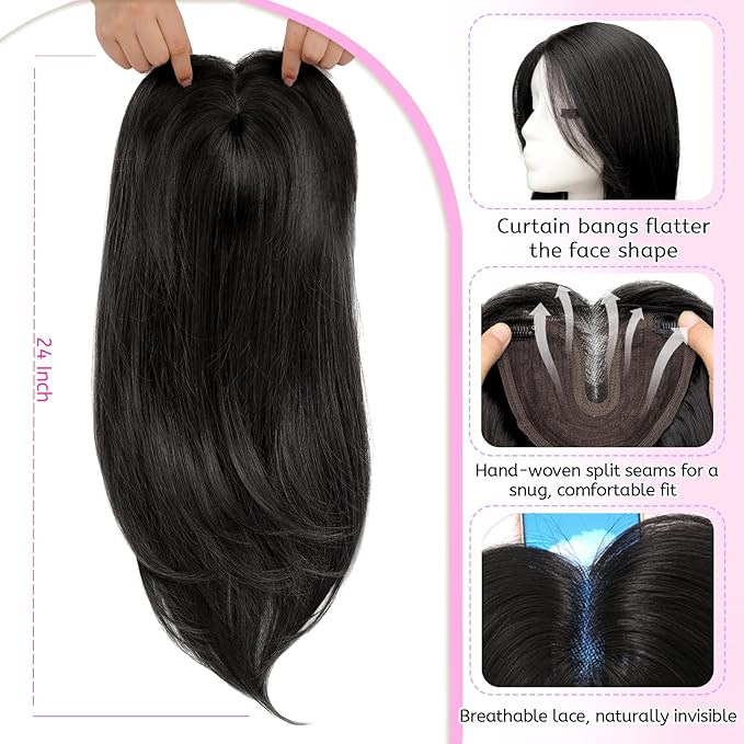 Isaic 24 Inch Synthetic Hair Topper for Women, Jet Black Middle Part Hand-Tied Lace Part Hairpiece with Clips, Long Hair Topper for Thinning Hair on Top, Natural Scalp Realistic Coverage (Jet Black)