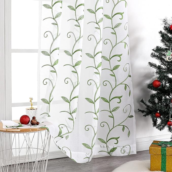 Embroidered Green Sheer Voile Curtains, Leaves Embroidery Faux Linen Rod Pocket - Image 6