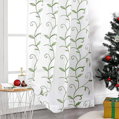 Embroidered Green Sheer Voile Curtains, Leaves Embroidery Faux Linen Rod Pocket - Image 6