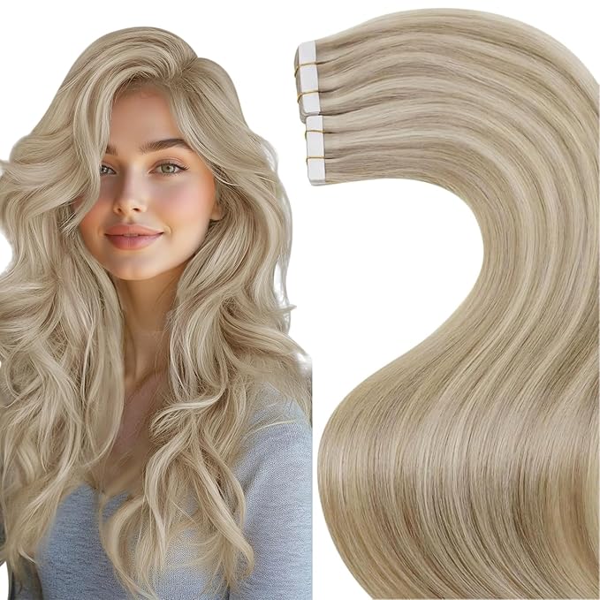 LaaVoo Tape in Extensions Human Hair Seamless Hair Extensions Tape in Dark Ash Blonde Highlighted with Light Blonde 18 Inch 20pcs 50g
