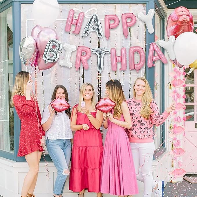 TONIFUL Pink Silver White Happy Birthday Balloons Banner Decor - Image 3
