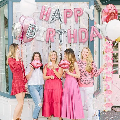 TONIFUL Pink Silver White Happy Birthday Balloons Banner Decor - Image 3