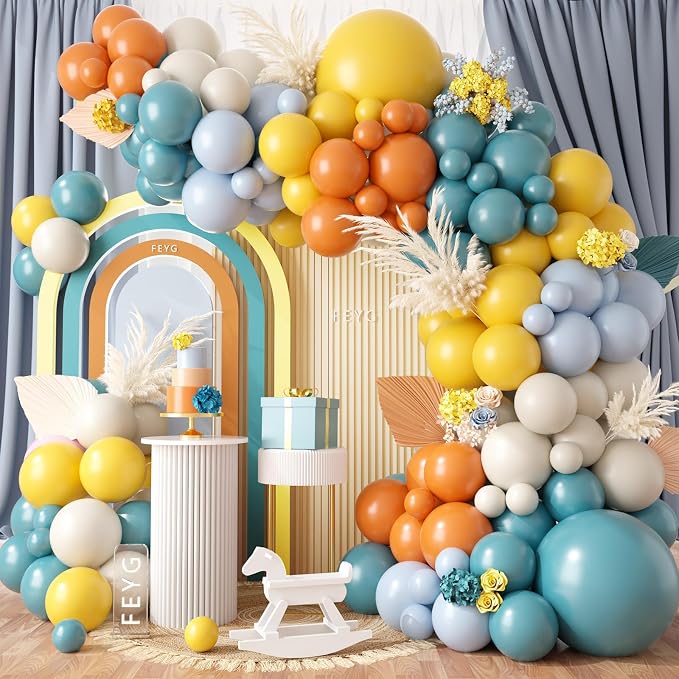 Retro Blue Mustard Yellow Balloon Arch Kit, Here Comes Balloon Garland by FEYG