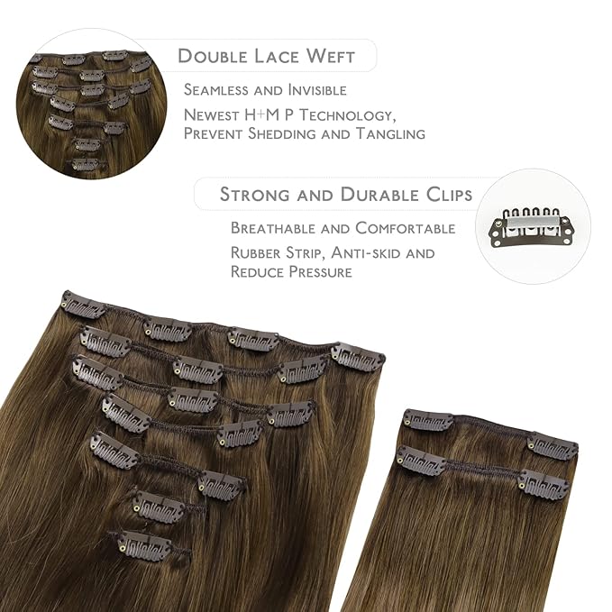 WENNALIFE Clip in Hair Extensions, 150g 16 Inch 9pcs Ombre Walnut Brown to Ash Brown and Bleach Blonde Human Hair Extensions Thicker Clip in Hair Extensions Real Human Hair Clip Set Double Weft