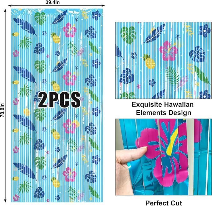 2 Packs Blue Foil Fringe Curtain, Hawaiian Element Pattern Metallic Tinsel - Image 6