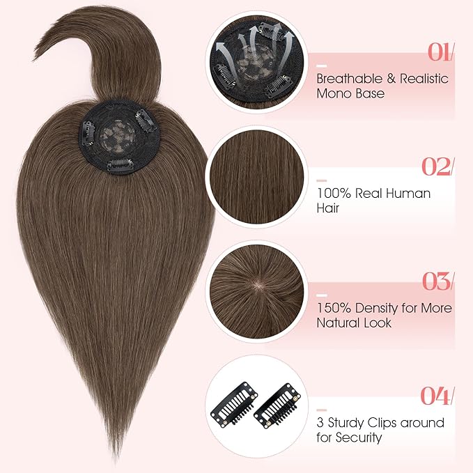 Hairro Mono Hair Toppers with Bangs, 3.4" x 3.4" Mono Base 100% Real Human Hairpieces for Women, 150% Density Clips In Topper for Greyish Thinning Hair, 14 Inch Cocoa Brown