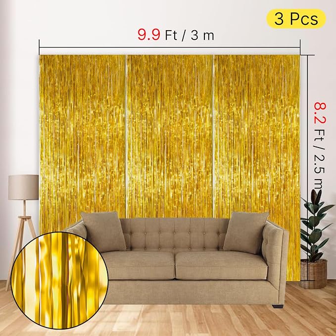 PartyWoo Gold Tinsel Streamers 8.2FT 3pcs Foil Fringe Curtain Backdrop | Gold - Image 4