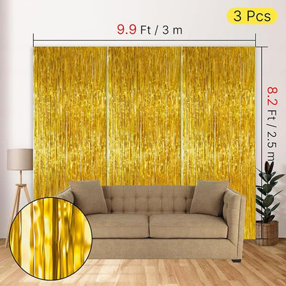 PartyWoo Gold Tinsel Streamers 8.2FT 3pcs Foil Fringe Curtain Backdrop | Gold - Image 4