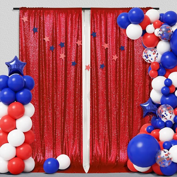 PartyDelight Red Sequin Backdrop Curtains 5x10ft 2 Sparkly Panels | 4 Inch Rod - Image 8