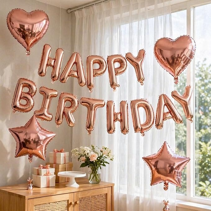 Rose Gold Birthday Decorations, Rose Gold Balloons Happy Birthdays Banner - Image 3