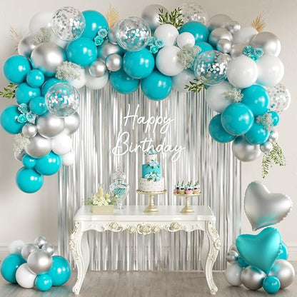 Teal Blue Silver White Balloons Garland Arch Kit by MEBAY
