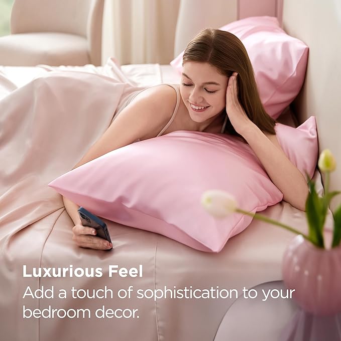 Bedsure Satin Pillowcase 2 Pack Similar to Silk Pillow Cases Standard Size, Pink Pillow Case Covers with Envelope Closure, Home Decor Valentine Gifts for Women Girls,20x26 Inches, 2pcs