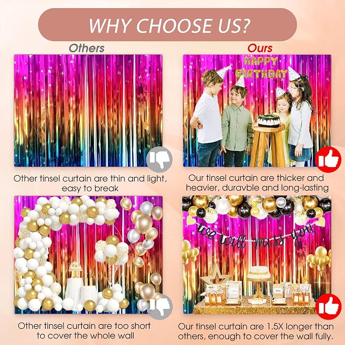 3 Pack Rainbow Backdrop Party Decorations Tinsel Curtain Party Backdrop Foil - Image 5