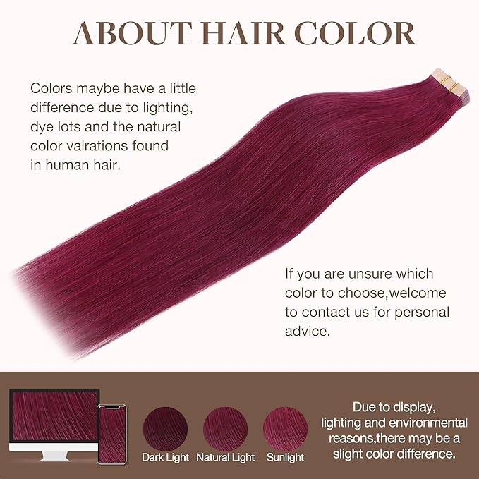 GOO GOO Tape in Hair Extensions Human Hair, Burgundy, 14inch 50g 20pcs, Skin Weft Seamless Invisible, Silky Straight with Thick Ends, Remy Human Hair